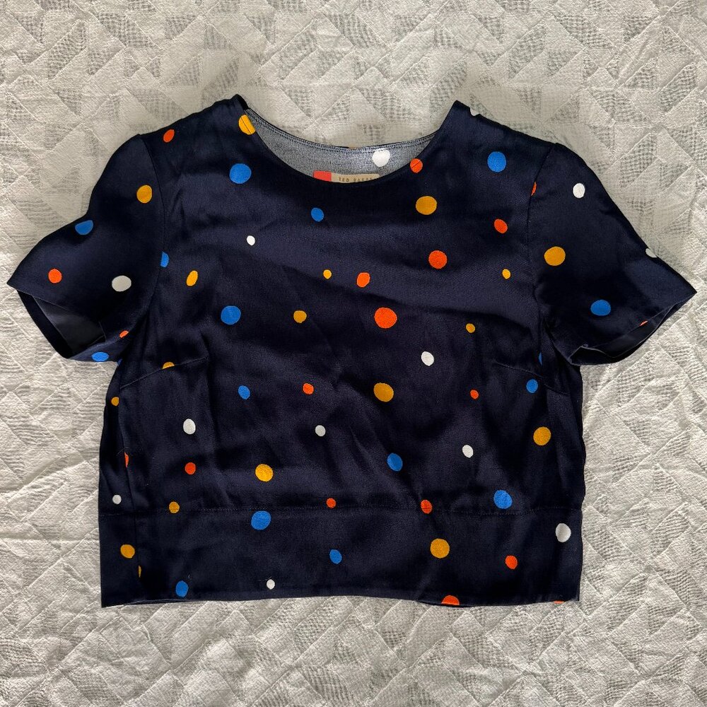 TED BAKER London Navy Multicolored Polka Dot Crop Blouse - Size 1